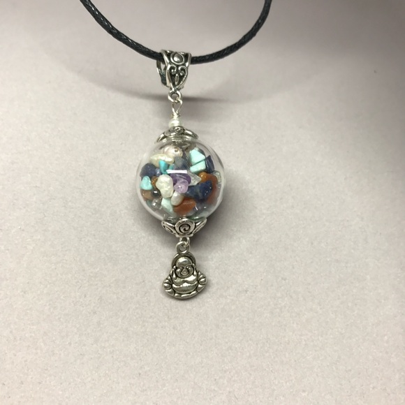 Talisman necklace, glass ball pendant full of healing crystals. - Picture 3 of 3